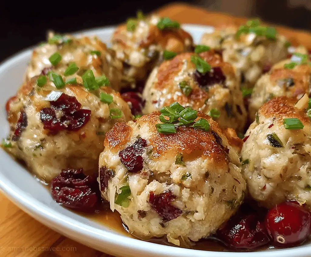 Delicious cranberry turkey stuffing balls on a serving plate, garnished with fresh herbs, perfect for festive holiday gatherings.