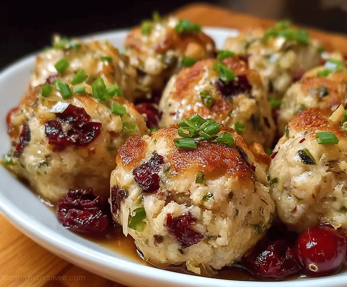 Delicious cranberry turkey stuffing balls on a serving plate, garnished with fresh herbs, perfect for festive holiday gatherings.