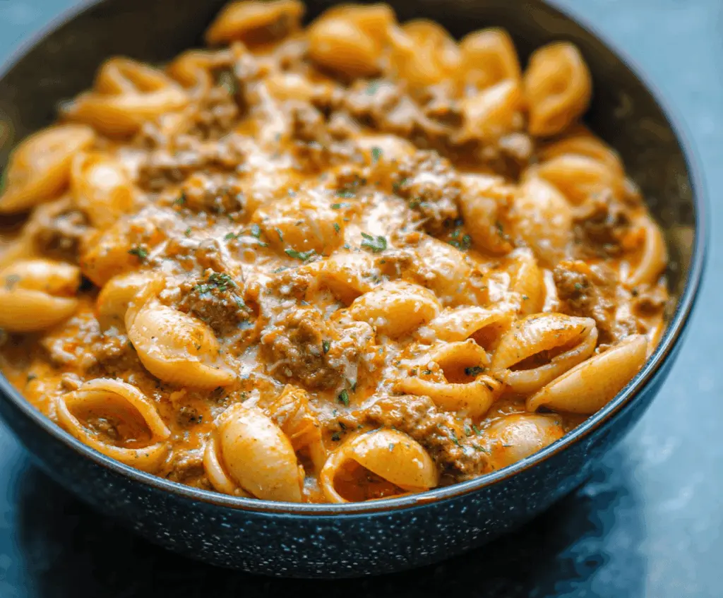 Creamy beef and pasta shells in a savory sauce served in a white bowl, garnished with fresh herbs for a delicious comfort meal.