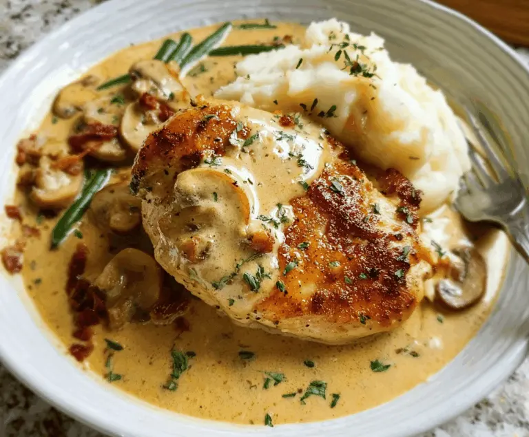 Delicious creamy garlic chicken served with fresh herbs on a white plate.