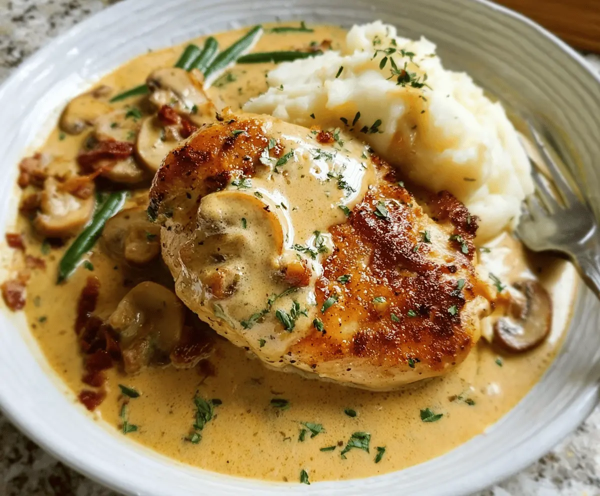 Delicious creamy garlic chicken served with fresh herbs on a white plate.