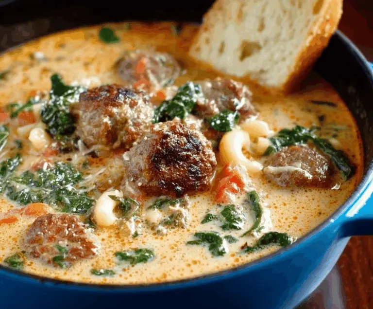 Creamy Italian Meatball Soup with meatballs, vegetables, and herbs in a savory broth, served in a bowl