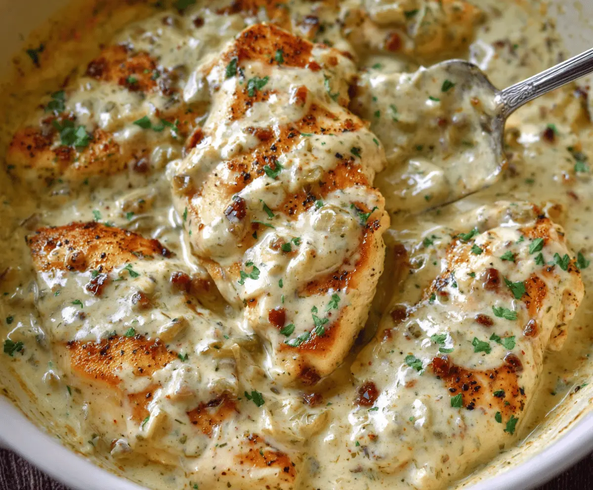 Creamy Ranch Chicken served with fresh herbs and vegetables on a white plate, showcasing a delicious and flavorful comfort meal.
