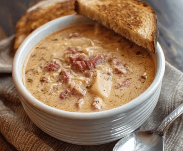 Creamy Reuben Soup in a bowl topped with shredded Swiss cheese, sliced corned beef, and fresh herbs, served with crusty bread on the side