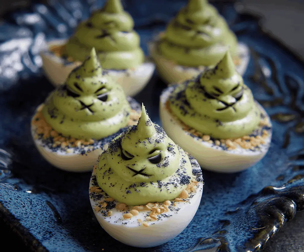 Spooky Creepy Deviled Eggs decorated with black olives and food coloring for Halloween-themed party