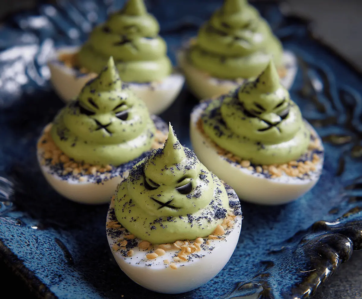 Spooky Creepy Deviled Eggs decorated with black olives and food coloring for Halloween-themed party