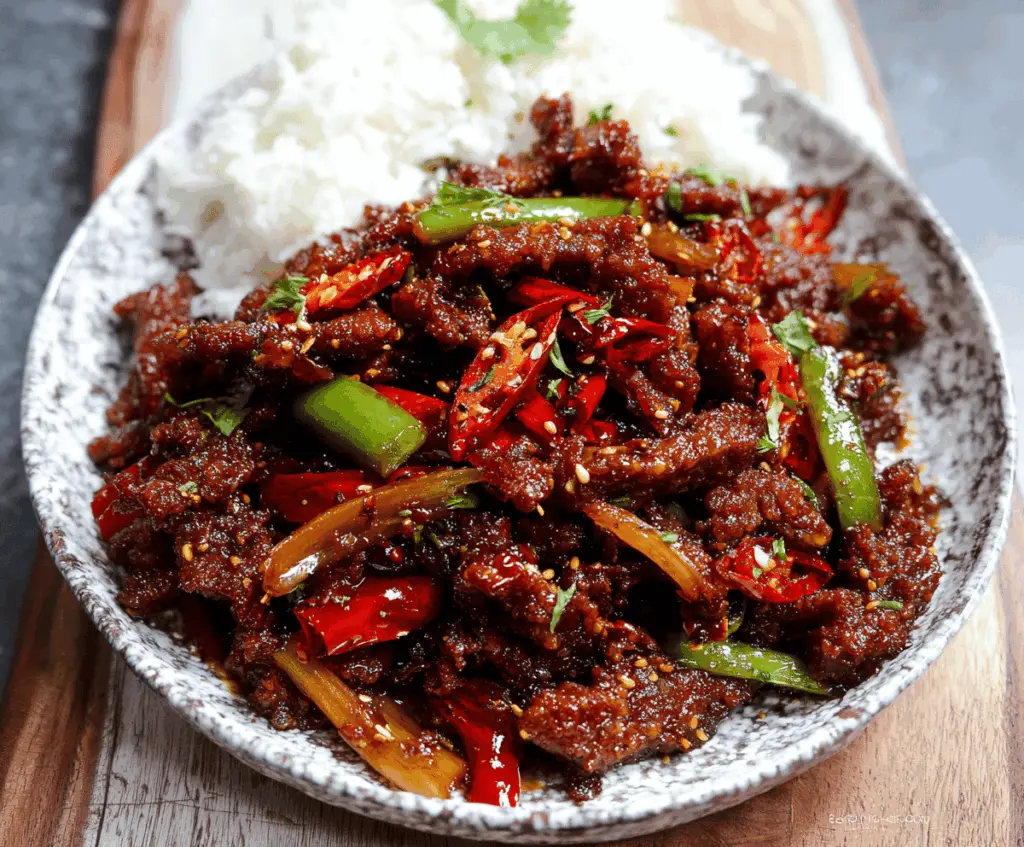 A plate of crispy chilli beef garnished with sliced green onions and red chili peppers, served with a side of stir-fried vegetables.