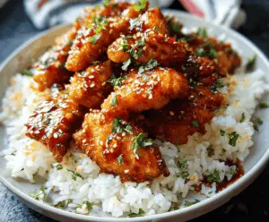 Crispy Chinese Honey Garlic Chicken served on a plate with garnishes, featuring golden-brown fried chicken glazed with honey and garlic sauce