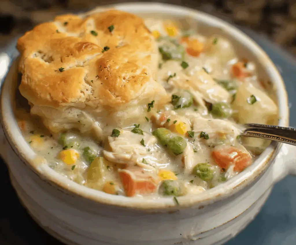 Creamy Crockpot Chicken Pot Pie topped with golden pastry crust, featuring tender chicken, vegetables, and savory gravy in a slow cooker meal
