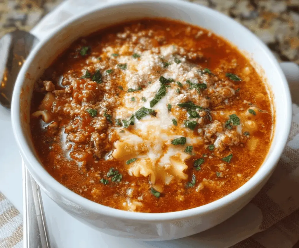 Hearty Crockpot Lasagna Soup in a bowl topped with melted cheese and fresh basil, ready to serve