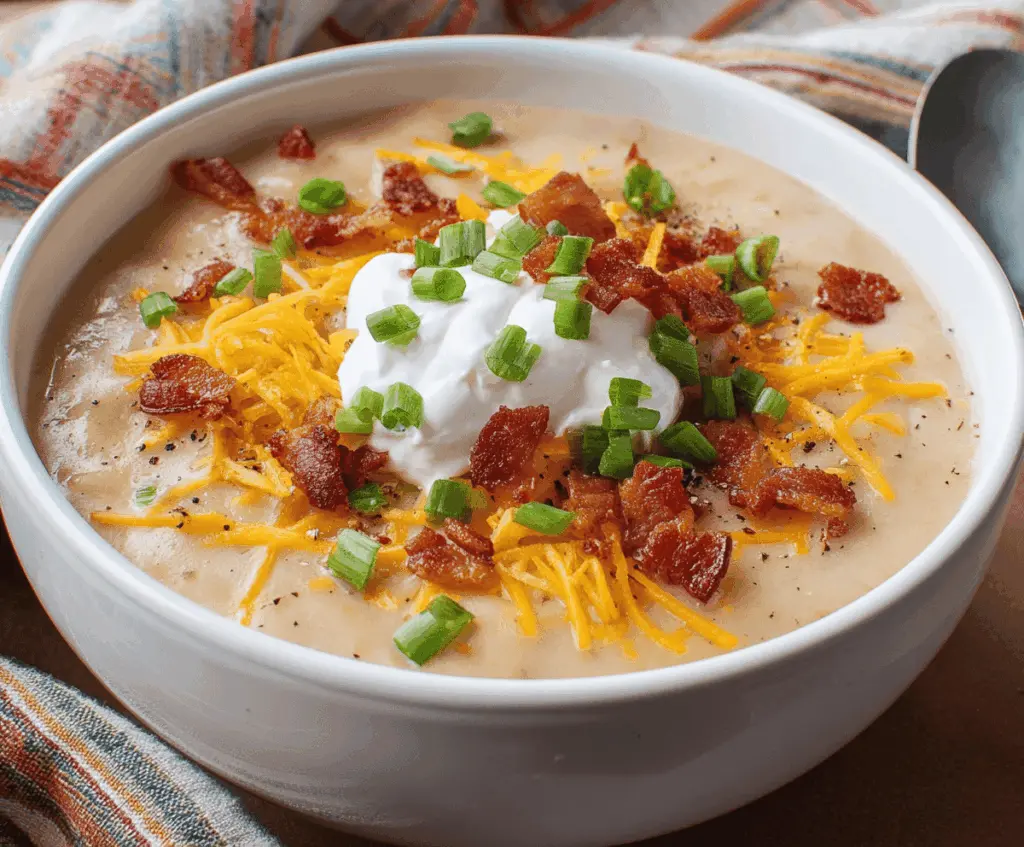 Creamy Crockpot Loaded Baked Potato Soup topped with shredded cheese, crispy bacon, green onions, and sour cream in a rustic bowl.