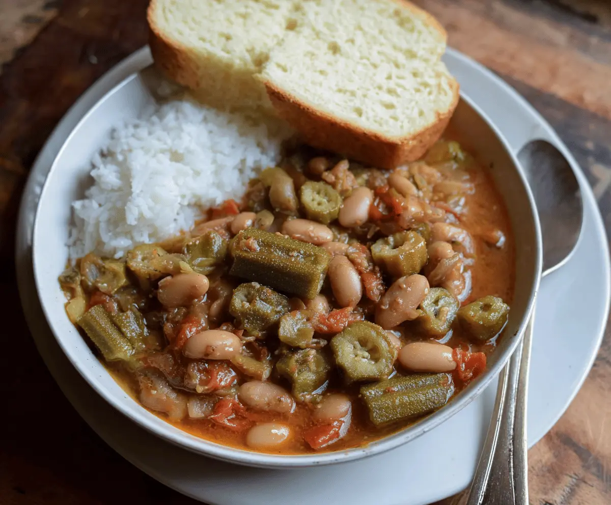 Delicious Crockpot Speckled Butter Beans and Okra Stew served in a bowl with fresh herbs, showcasing a hearty Southern-style vegetarian meal
