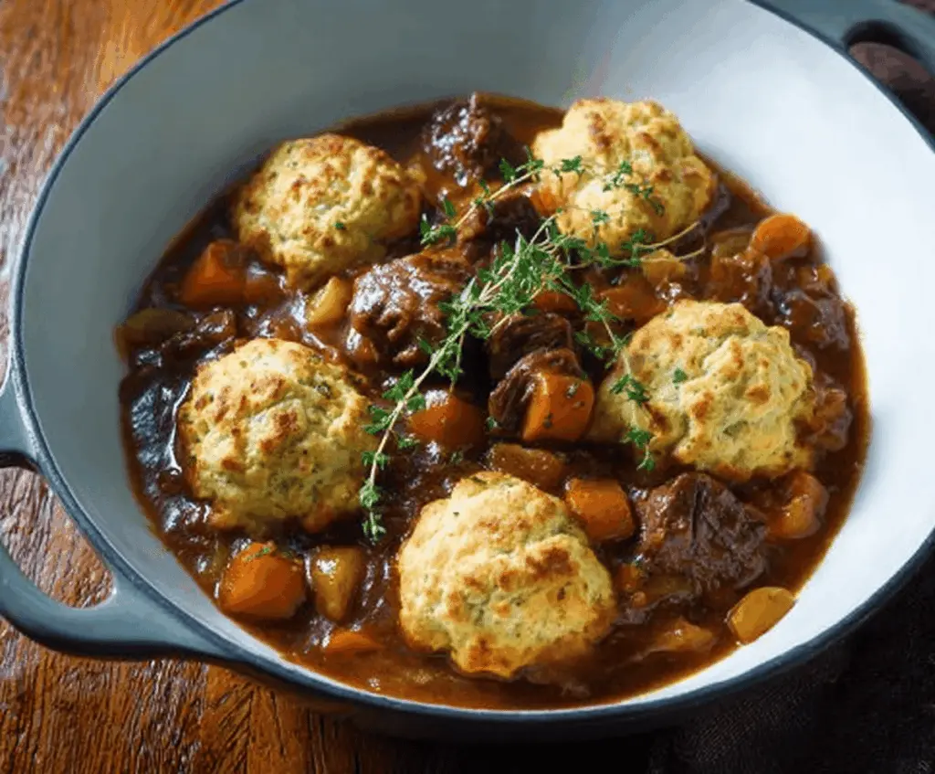 Hearty beef stew with tender meat, vegetables, and fluffy dumplings served in a rustic bowl