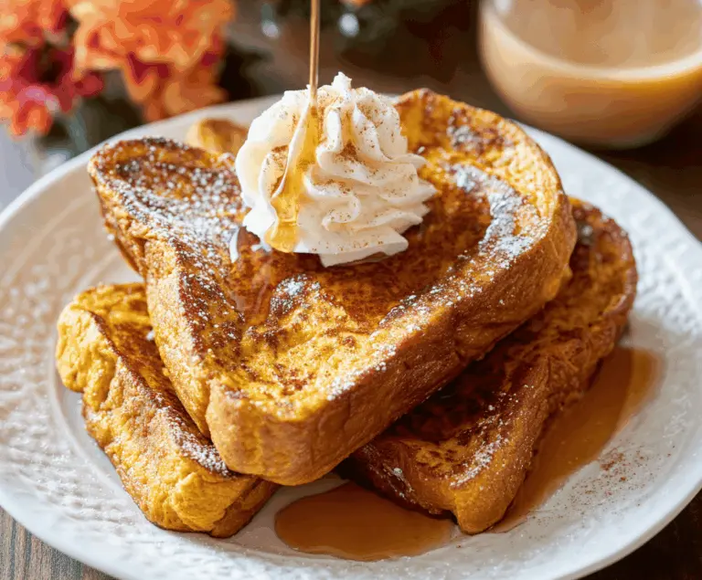 Delicious fall-themed pumpkin French toast topped with whipped cream and cinnamon for a cozy breakfast