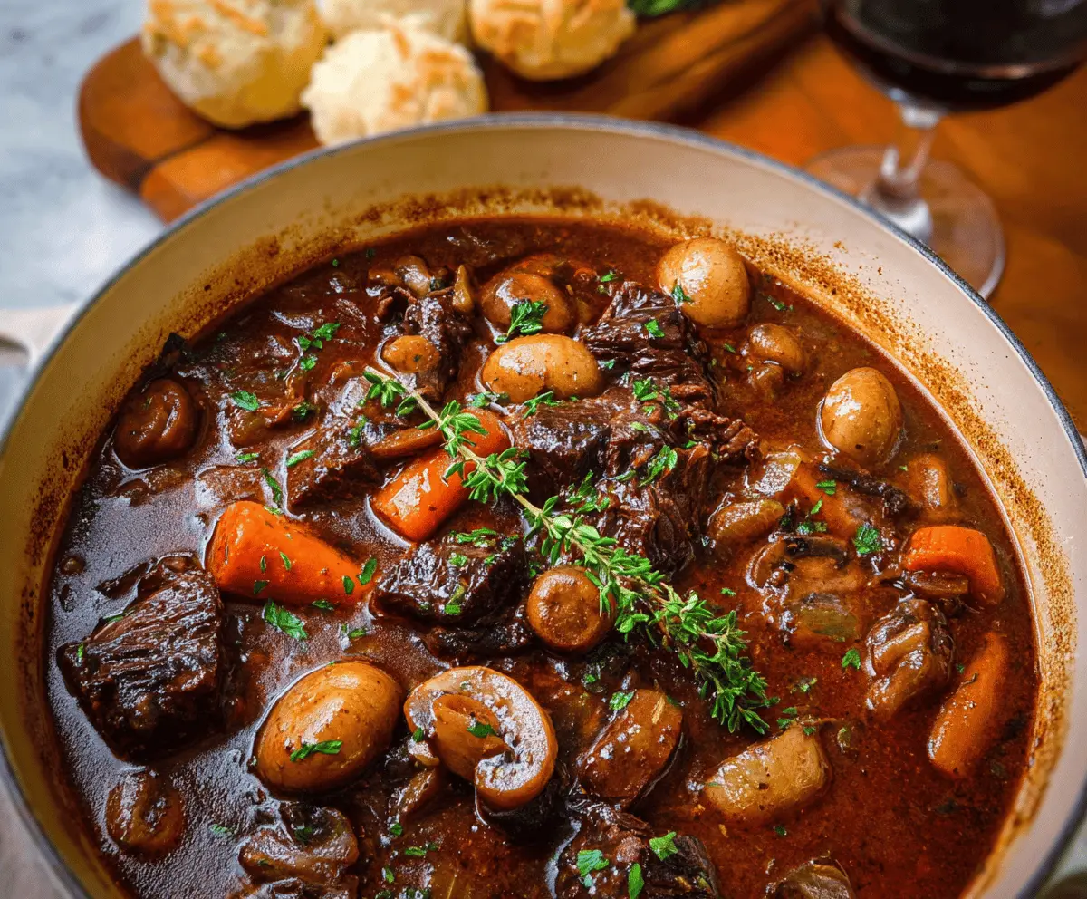 Delicious French Beef Bourguignon served with tender beef chunks, mushrooms, carrots, and potatoes in rich red wine sauce, traditional rustic French dish.