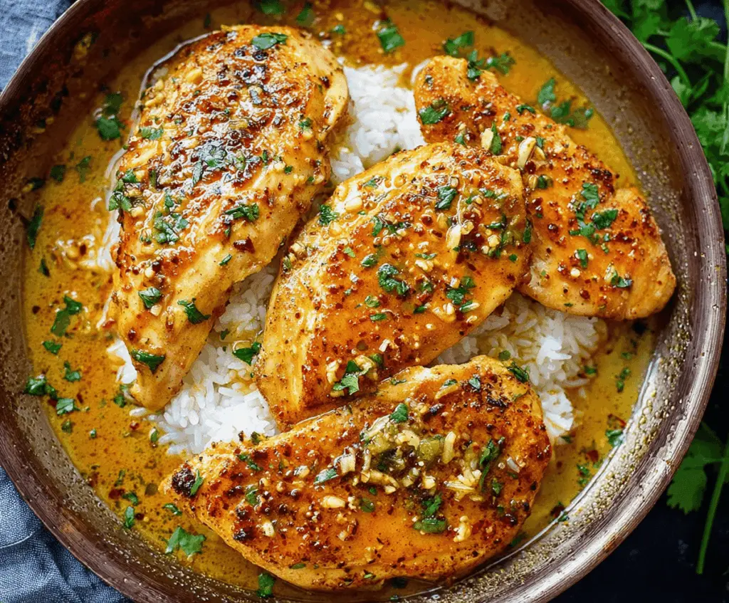 Juicy garlic butter chicken served on a plate with fresh herbs and lemon slices.