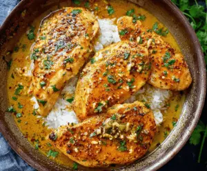 Juicy garlic butter chicken served on a plate with fresh herbs and lemon slices.