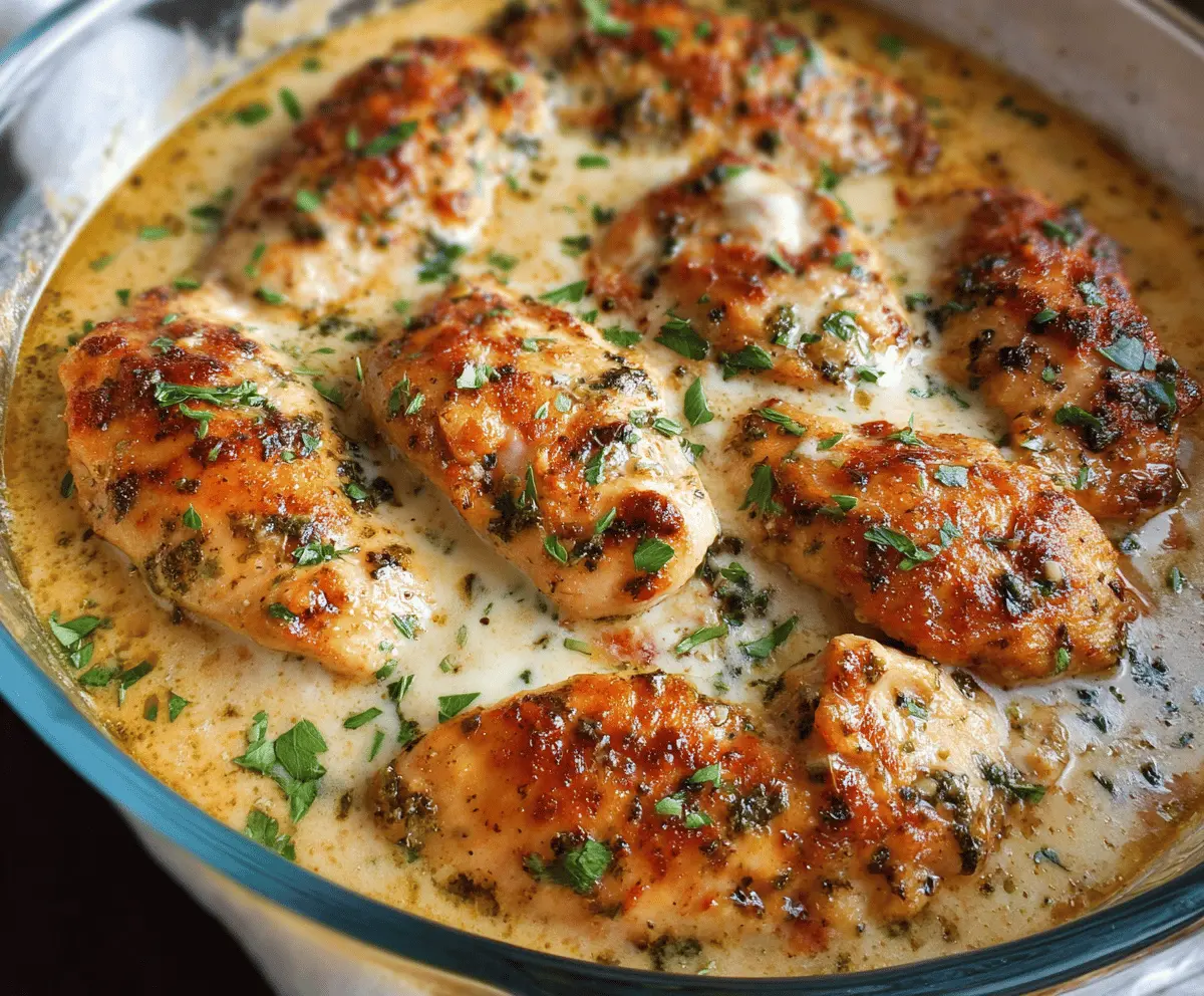 Delicious Garlic Parmesan Chicken Bake topped with melted cheese and fresh herbs, served on a white plate.