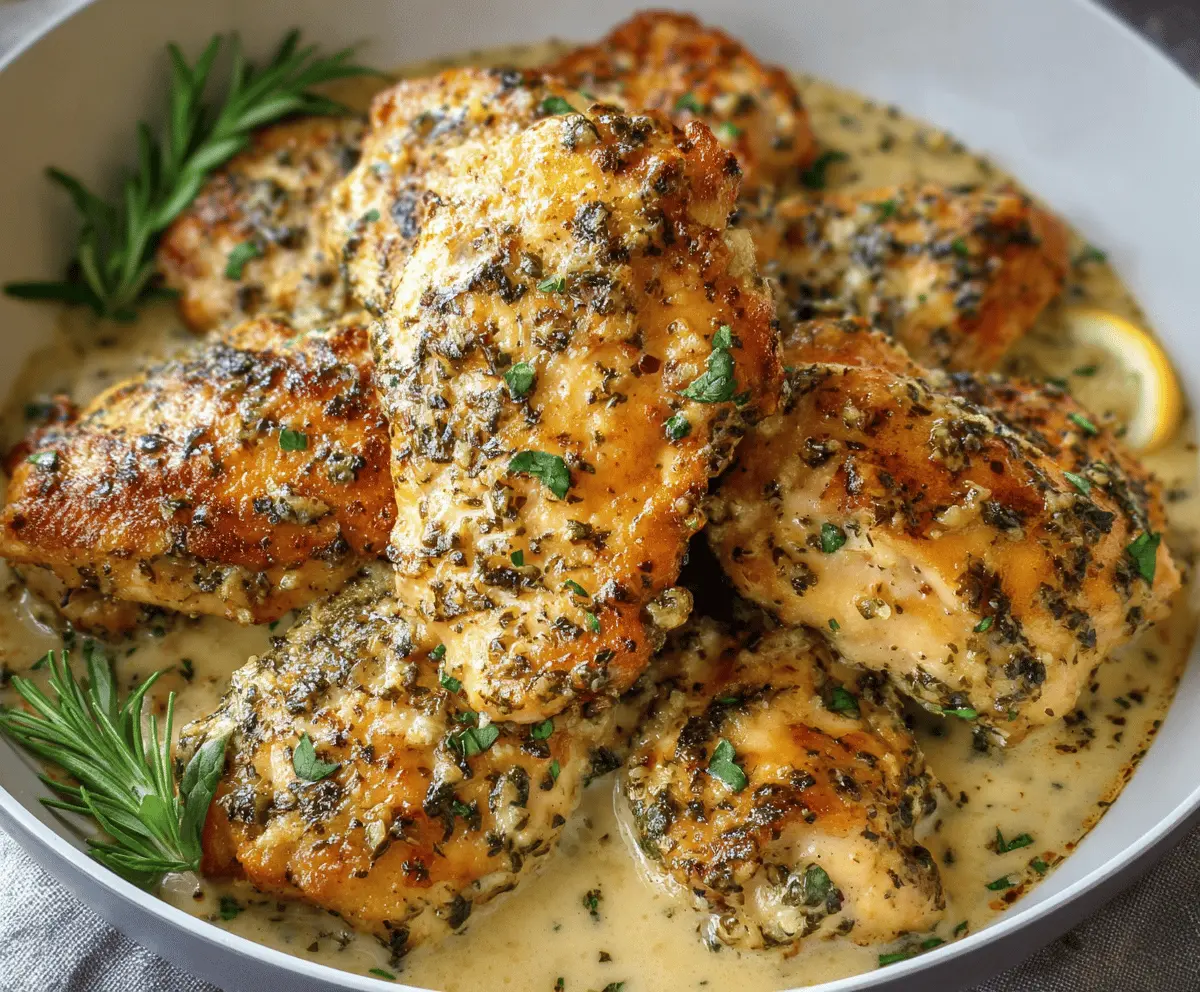 Delicious garlic parmesan chicken served on a plate with fresh herbs.