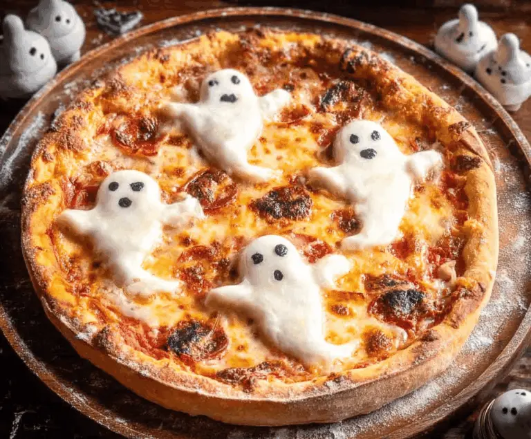 A spooky ghost-shaped pizza topped with melted cheese and pepperoni, perfect for Halloween-themed meals.