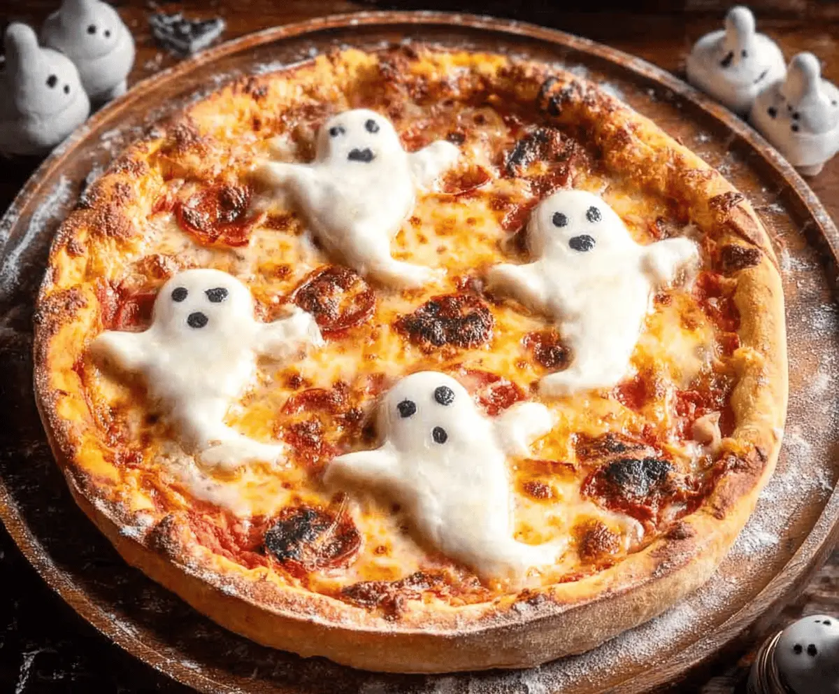 A spooky ghost-shaped pizza topped with melted cheese and pepperoni, perfect for Halloween-themed meals.