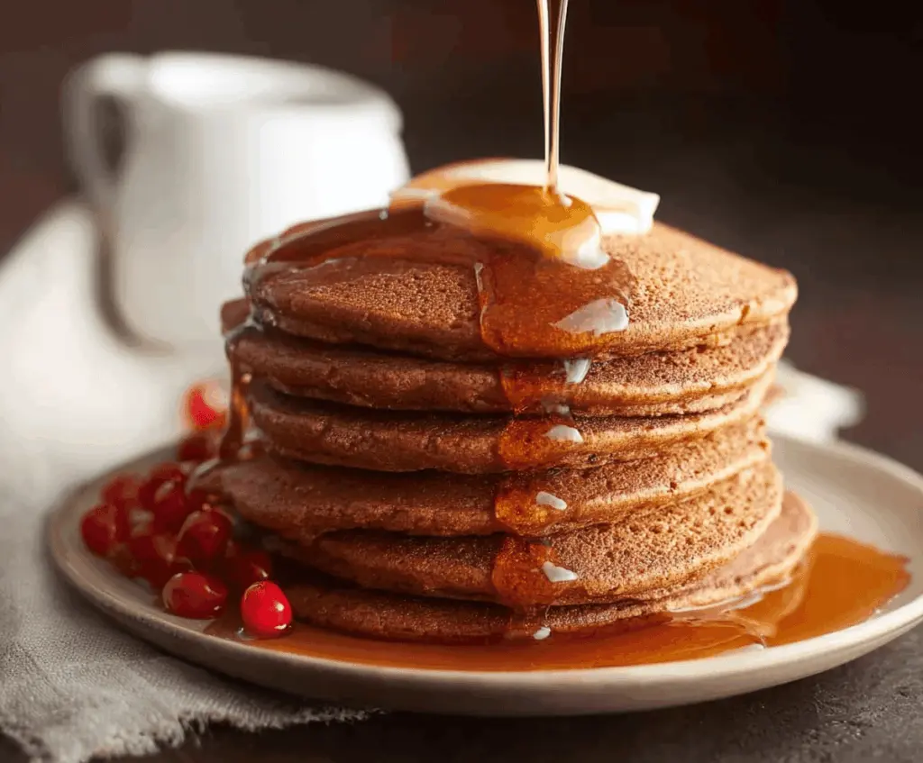 Delicious gingerbread pancakes topped with whipped cream and cinnamon for a festive breakfast.
