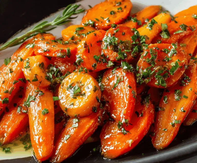 Colorful glazed carrots garnished with fresh herbs, showcasing a delicious and vibrant side dish recipe.