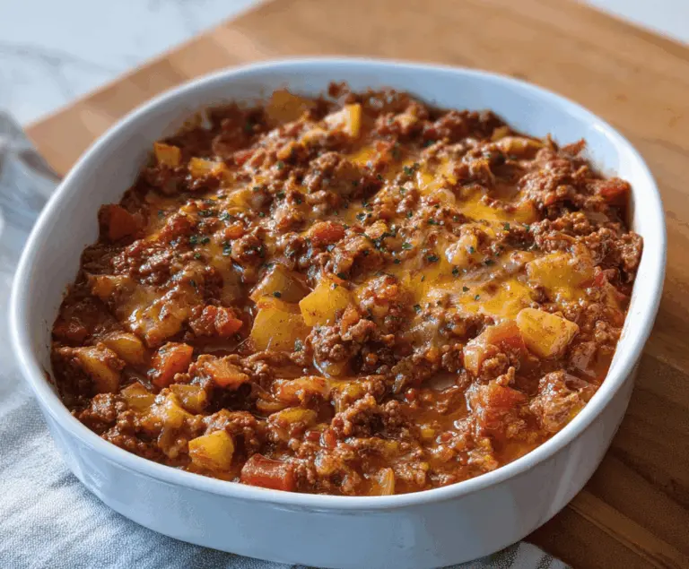 Delicious homemade Grandma's Ground Beef Stew with tender beef, vegetables, and savory broth served in a rustic bowl.