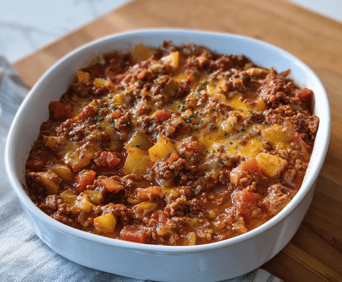 Delicious homemade Grandma's Ground Beef Stew with tender beef, vegetables, and savory broth served in a rustic bowl.