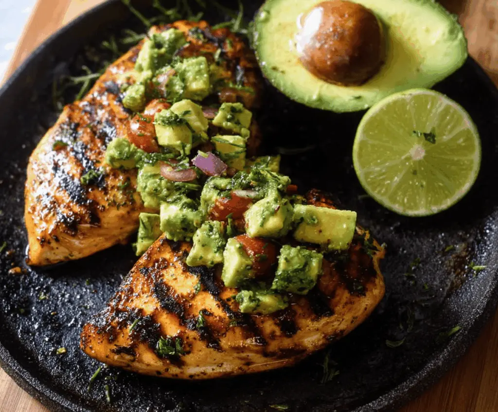 Delicious grilled chicken topped with creamy sliced avocado served on a plate, perfect for a healthy meal