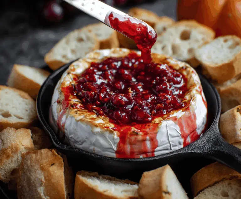 A spooky Halloween Bloody Baked Brie topped with red jam and garnished with edible decorations, perfect for a festive party appetizer.