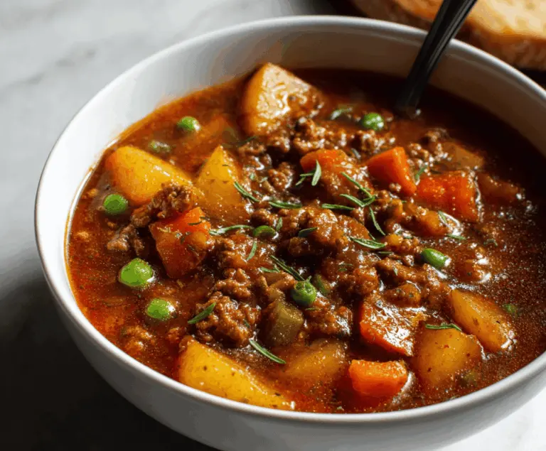 Hearty homemade Hamburger Stew with ground beef, vegetables, and flavorful broth in a rustic bowl.