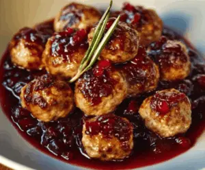 Delicious harvest turkey meatballs topped with a glossy cranberry glaze on a rustic plate, perfect for fall dinners