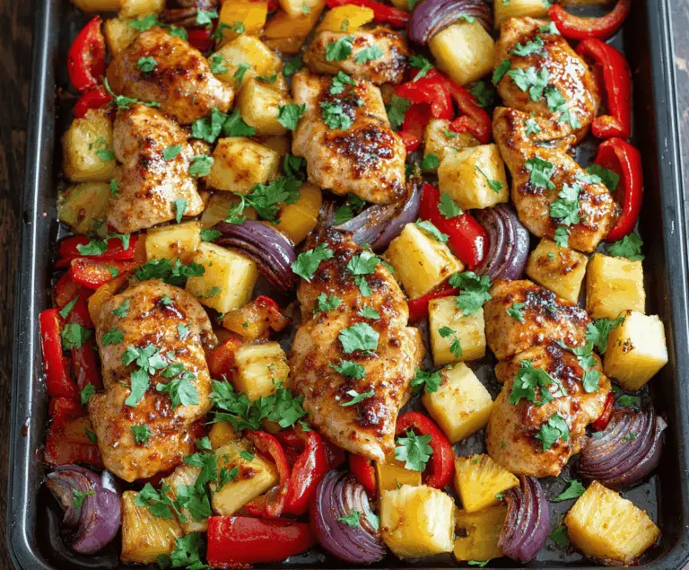 Delicious Hawaiian Chicken Sheet Pan with grilled chicken, pineapple chunks, colorful vegetables, and a tropical glaze served on a baking sheet
