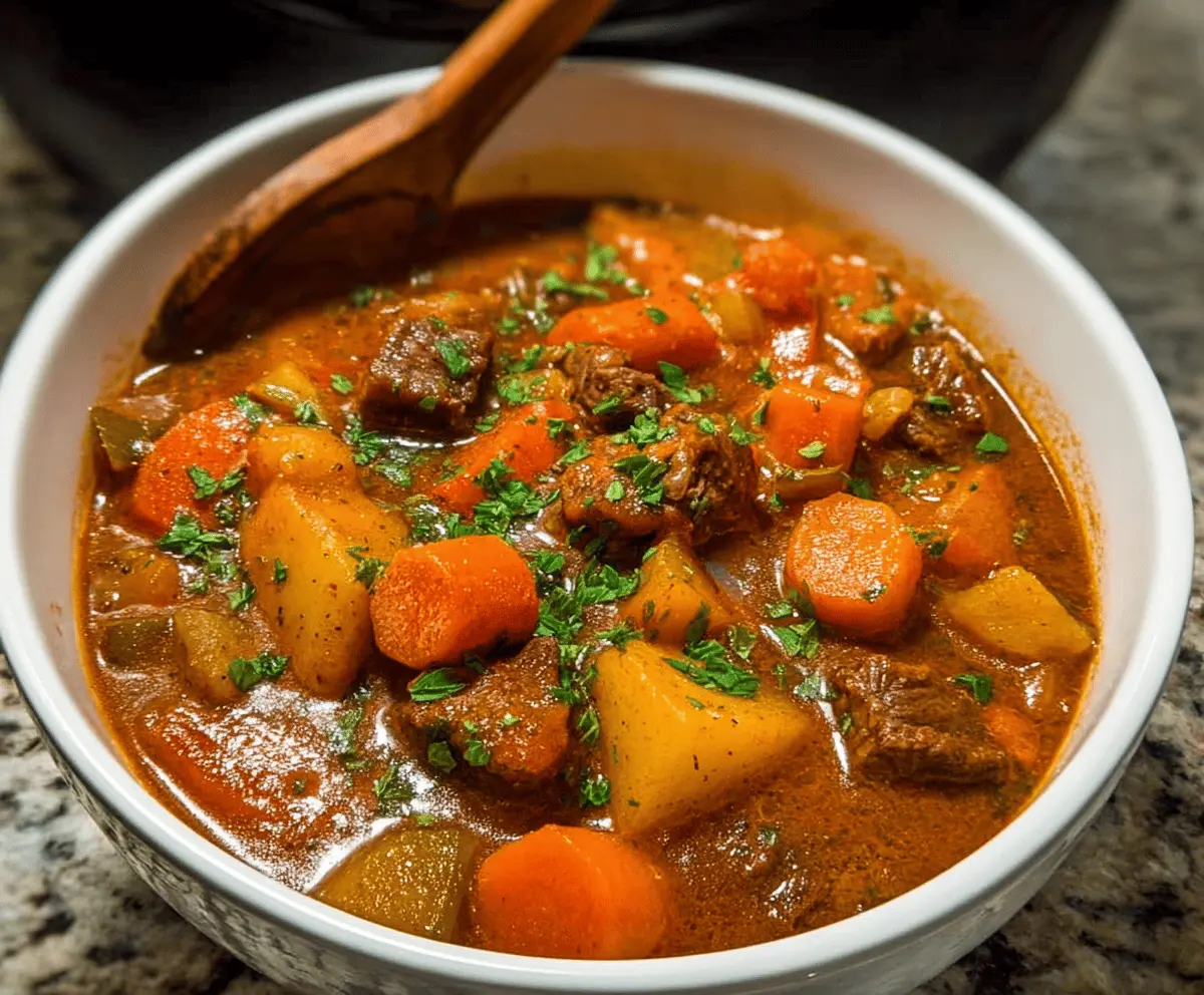 A hearty homemade beef stew in a rustic bowl with tender beef chunks, vegetables, and savory broth, perfect for a comforting meal.