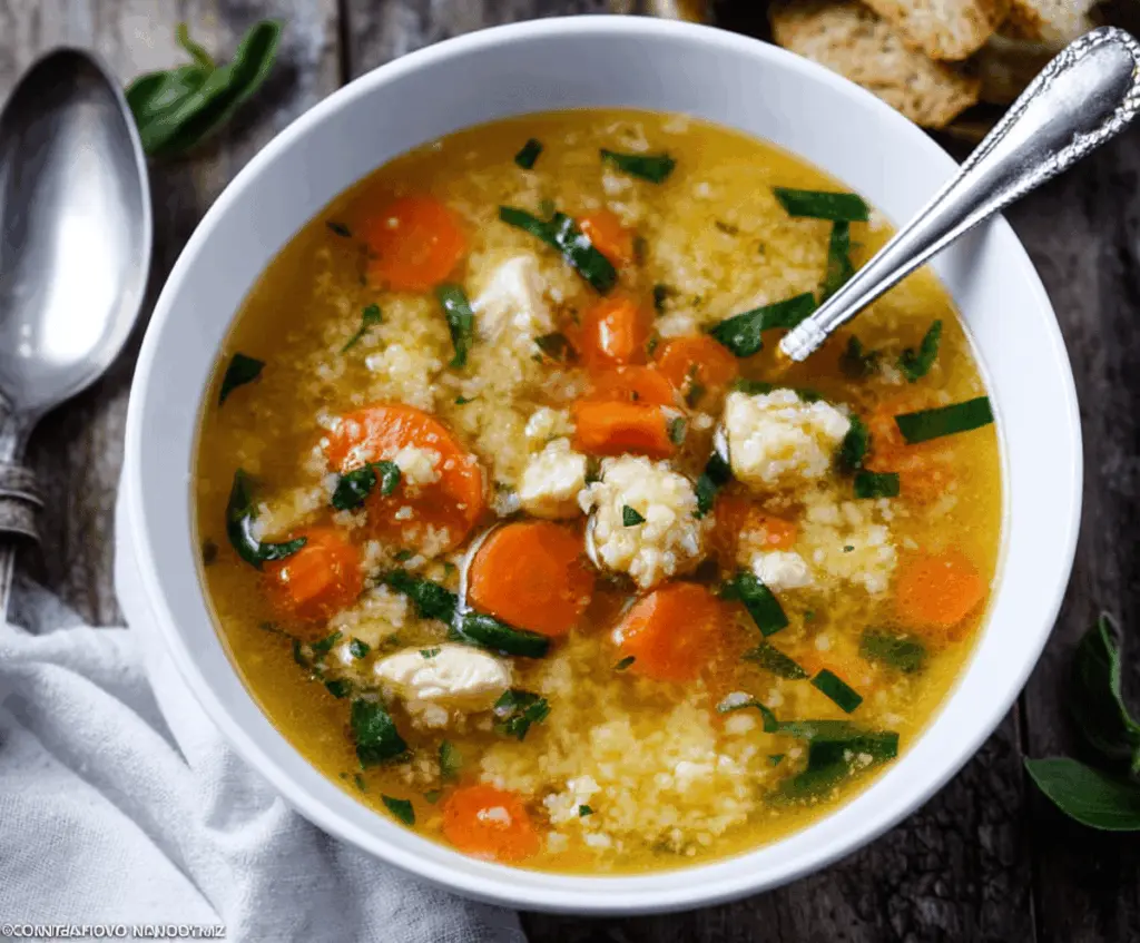 A bowl of hearty Italian Penicillin Soup garnished with fresh herbs, featuring colorful vegetables, pasta, and tender chicken in a flavorful broth.