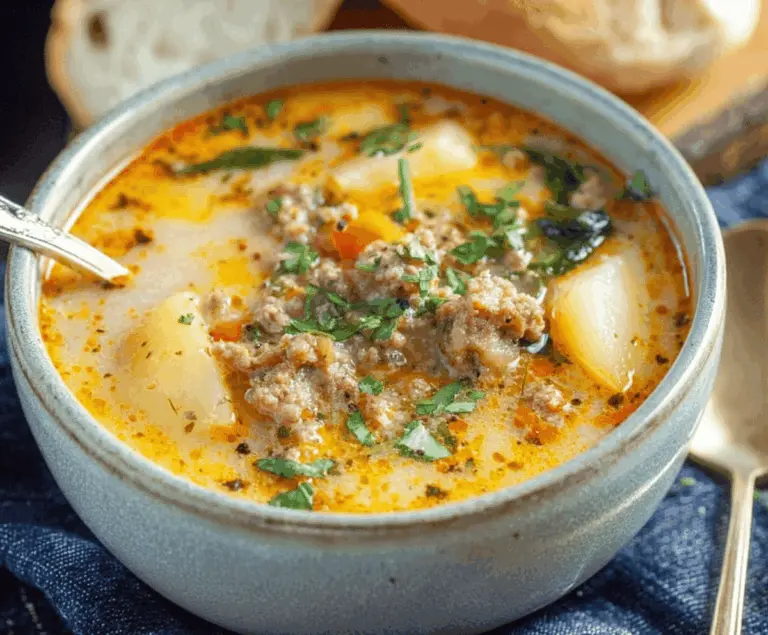 Creamy Italian sausage and potato soup in a bowl garnished with herbs and served with crusty bread, perfect for a comforting meal.