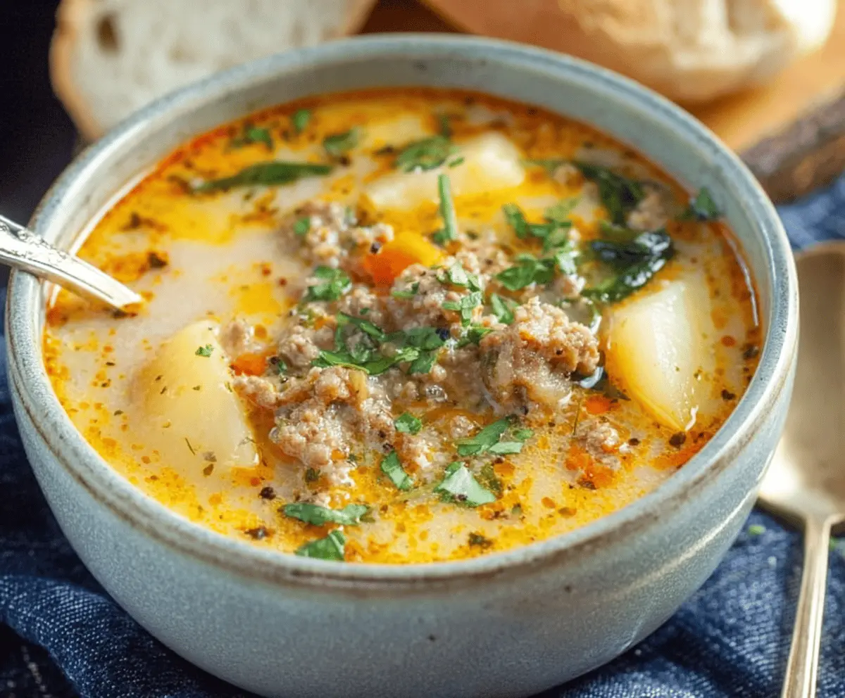 Creamy Italian sausage and potato soup in a bowl garnished with herbs and served with crusty bread, perfect for a comforting meal.