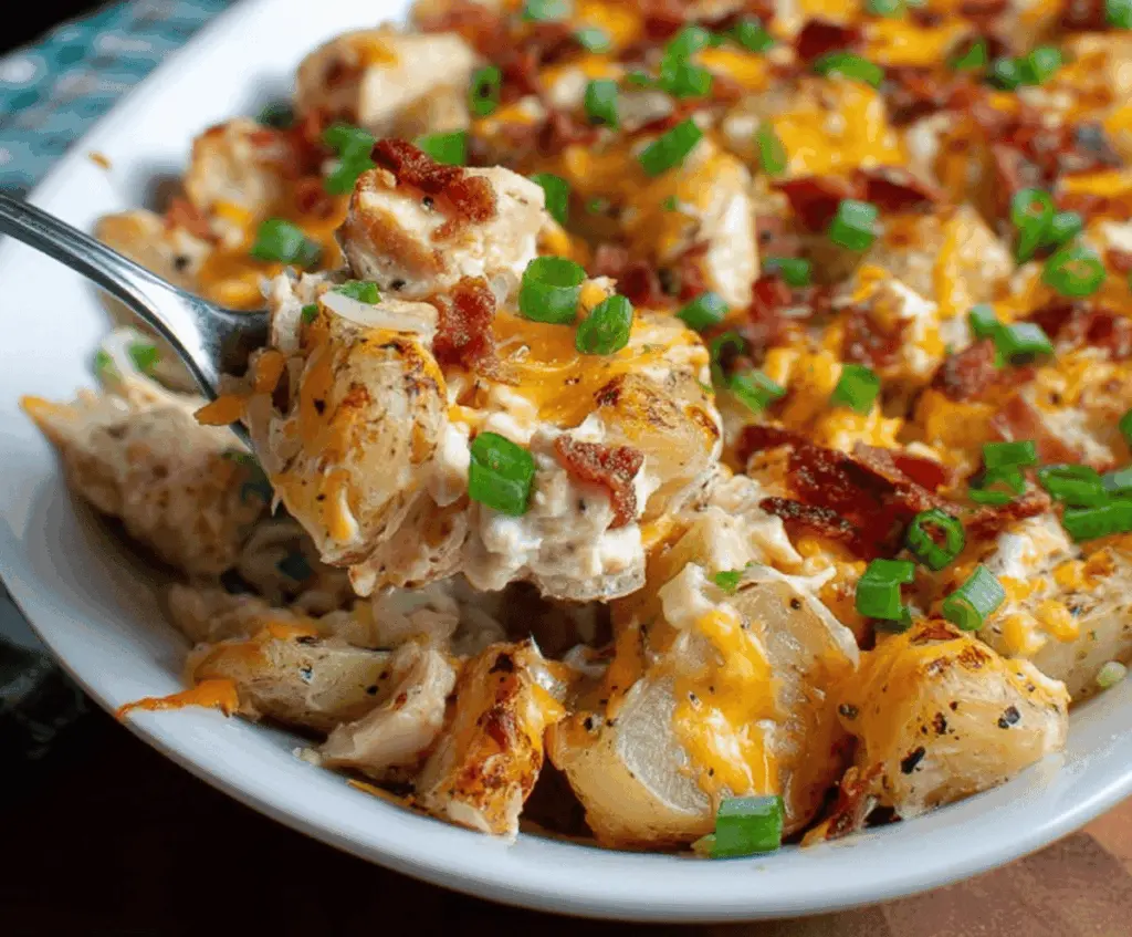 Creamy Loaded Potato Ranch Chicken Casserole topped with cheese, bacon, and green onions, served in a baking dish