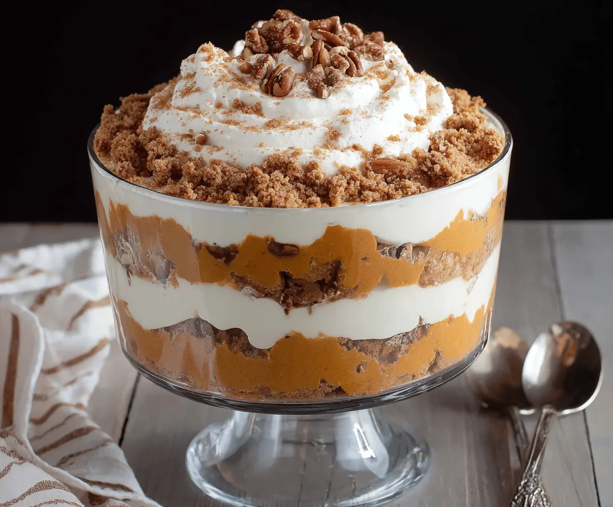 Delicious Maple Pecan and Pumpkin Cheesecake Trifle layered with creamy filling and crunchy pecans.