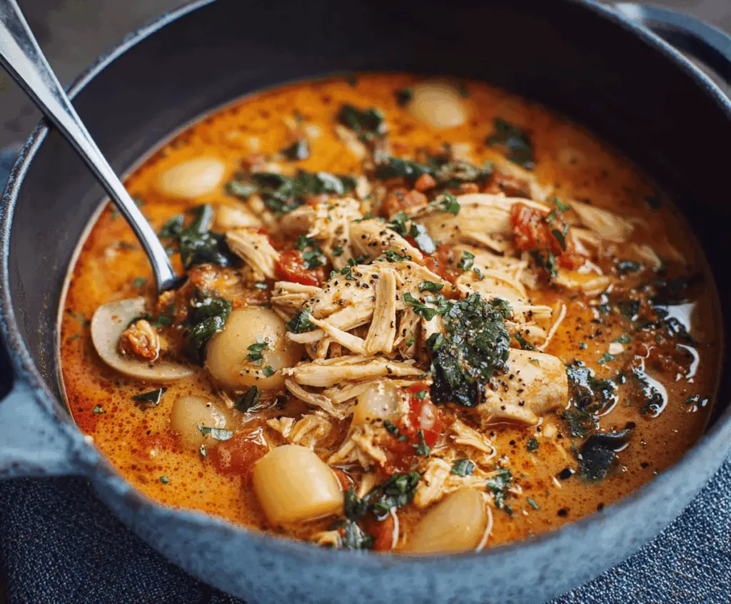 Creamy Marry Me Chicken Soup with tender chicken, fresh herbs, and a rich, savory broth in a bowl.