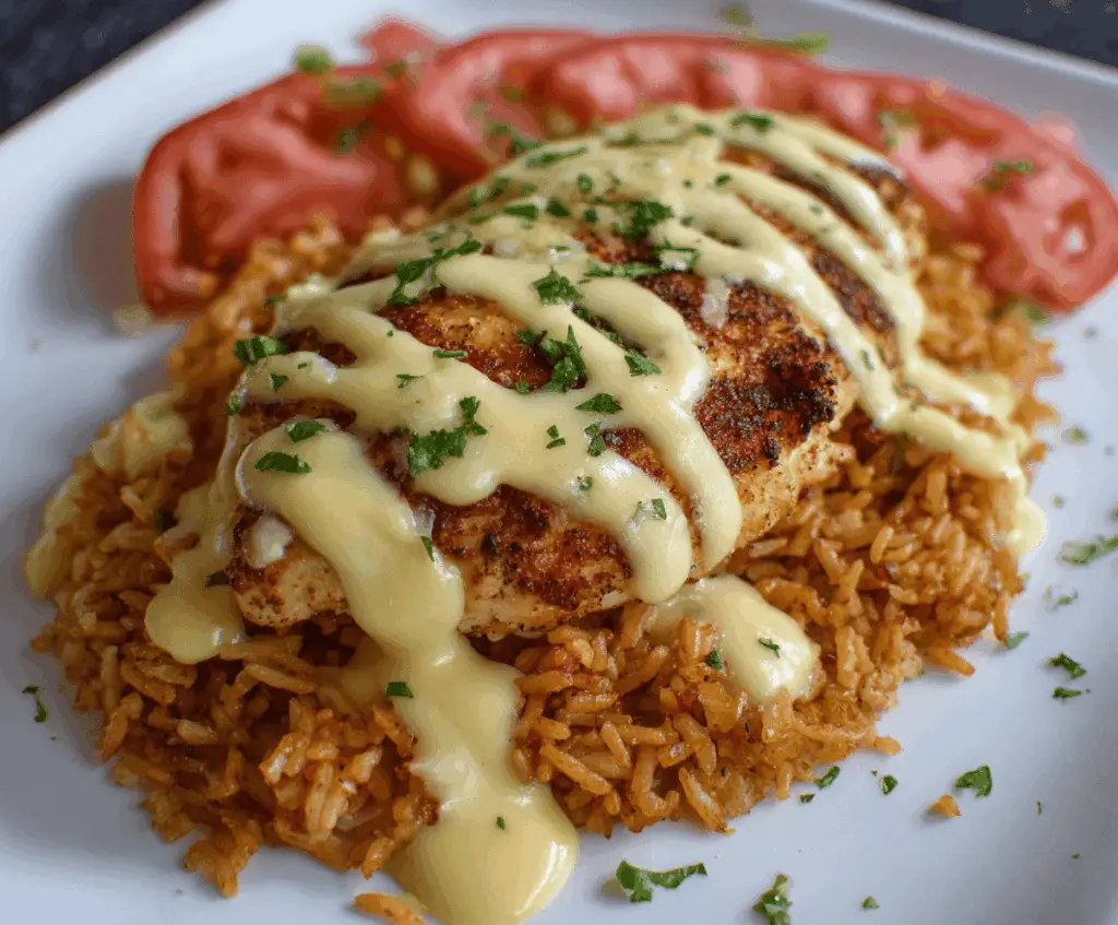 Creamy Mexican chicken topped with melted cheese sauce served with fresh herbs and sides