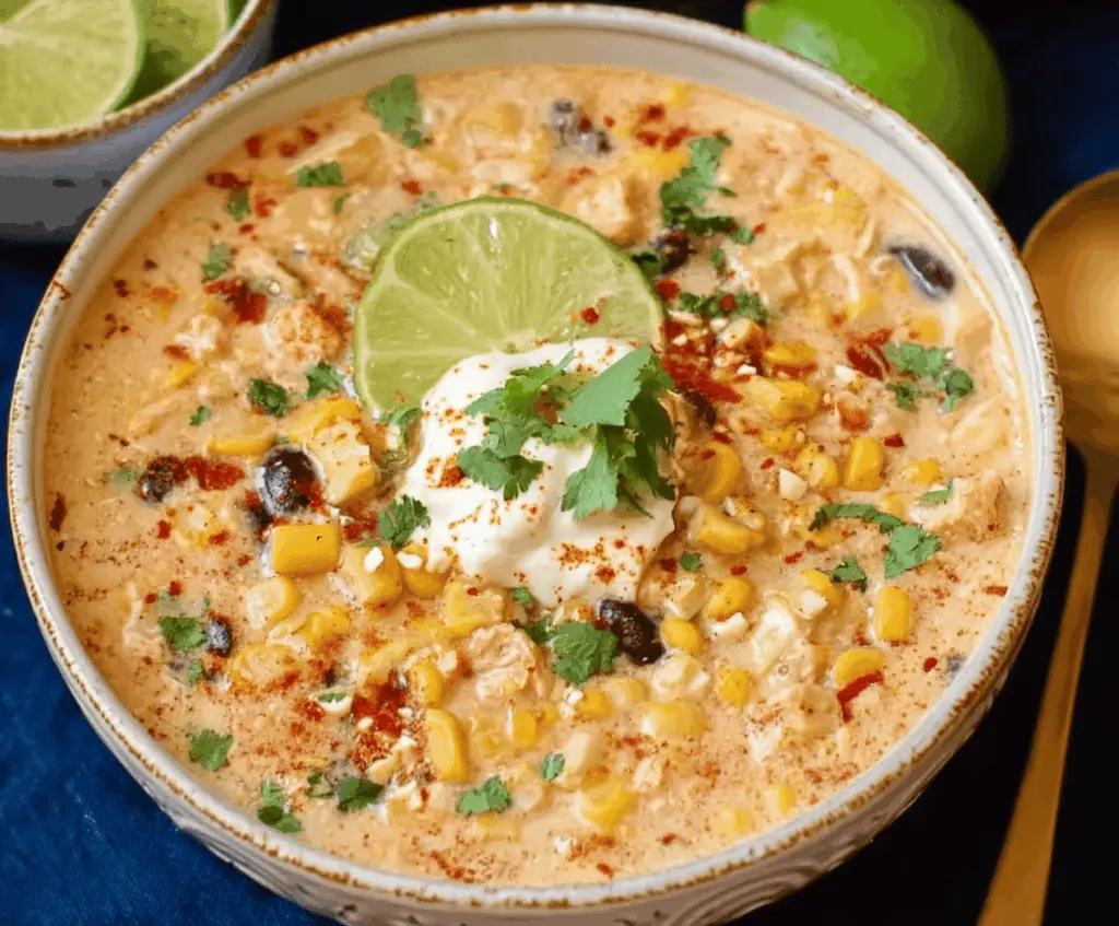 Creamy Mexican Street Corn Soup in a Crockpot served with fresh cilantro and lime wedge