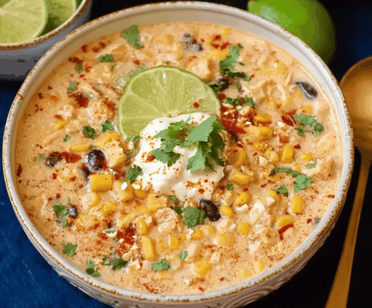 Creamy Mexican Street Corn Soup in a Crockpot served with fresh cilantro and lime wedge
