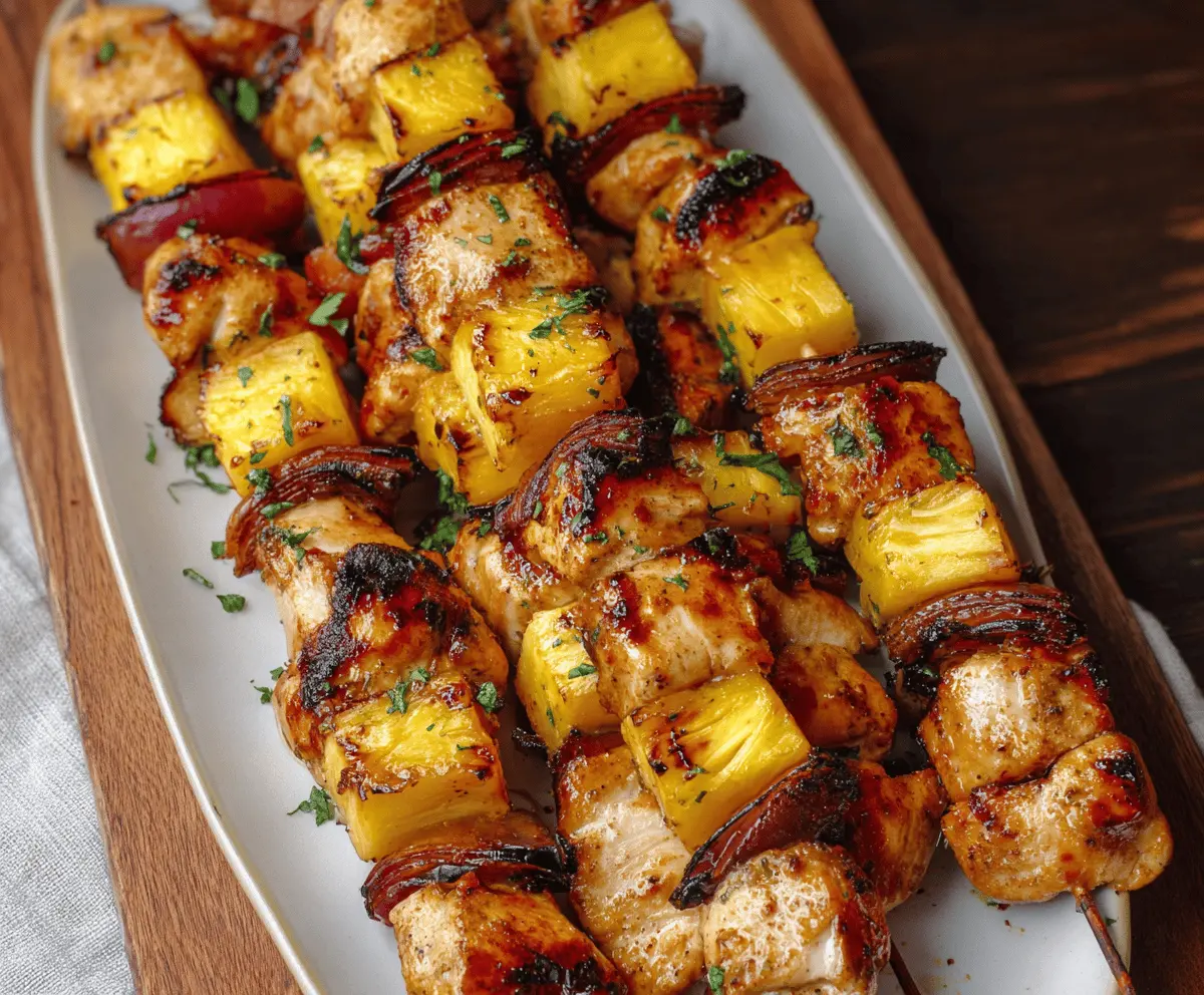 Colorful pineapple chicken kabobs grilled to perfection, featuring juicy chicken chunks and sweet pineapple pieces on skewers ready for a delicious meal.