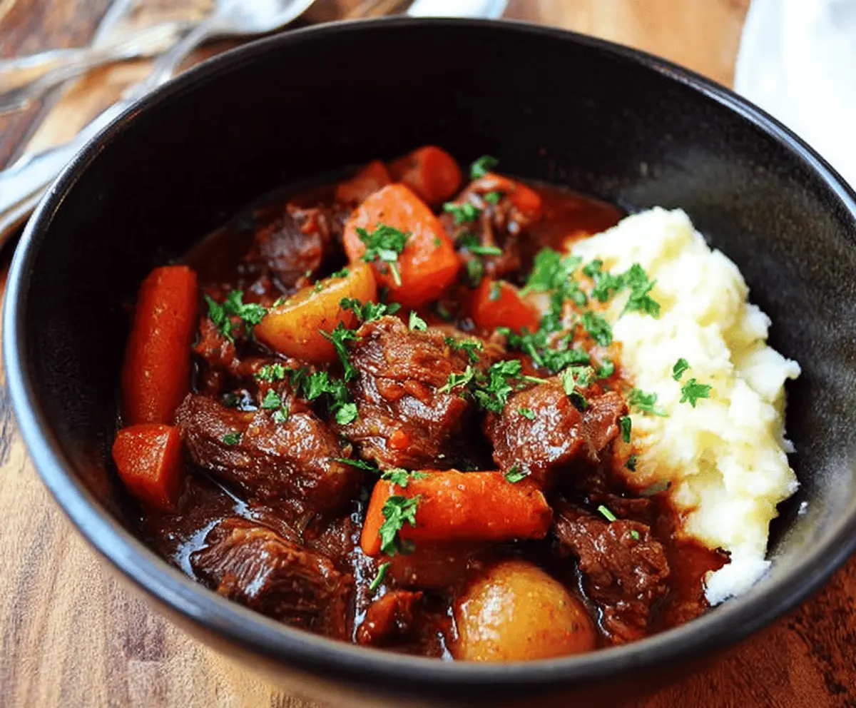 Hearty Pioneer Woman's Crockpot Beef Stew with tender beef, carrots, potatoes, and herbs in a slow cooker