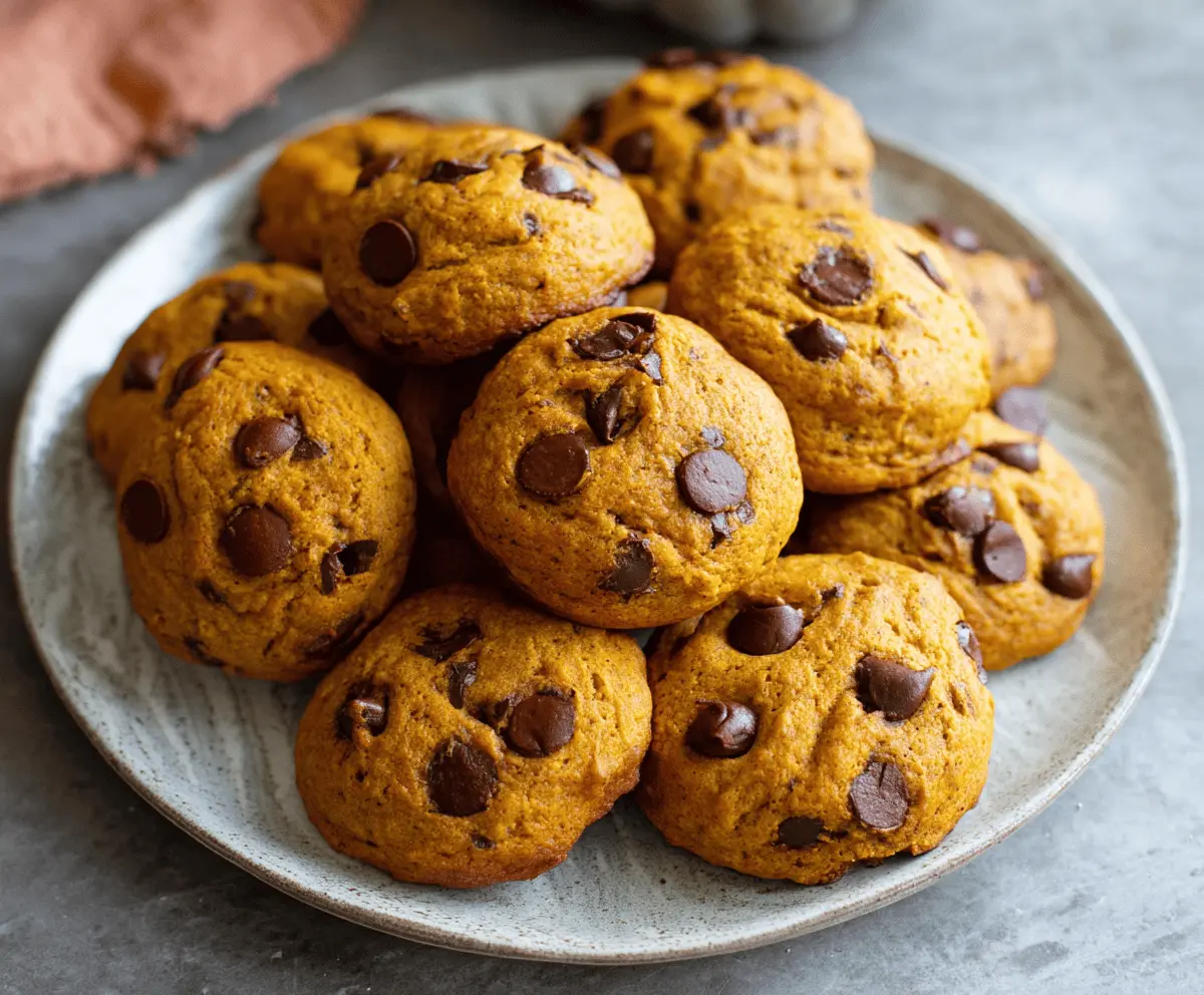 Delicious homemade pumpkin chocolate chip cookies on a baking sheet with fall spices and chocolate chunks