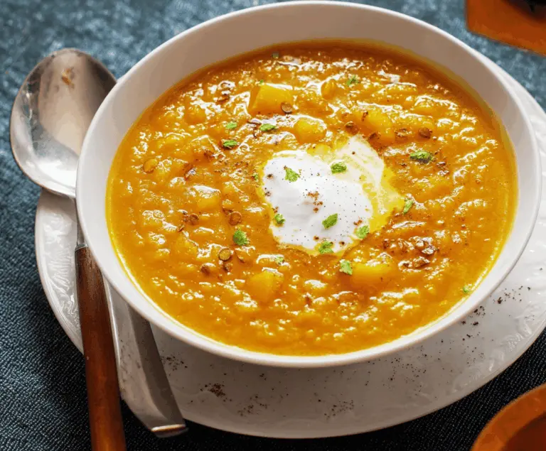 Creamy pumpkin curry soup garnished with fresh herbs and served in a bowl, perfect for a warm fall meal.