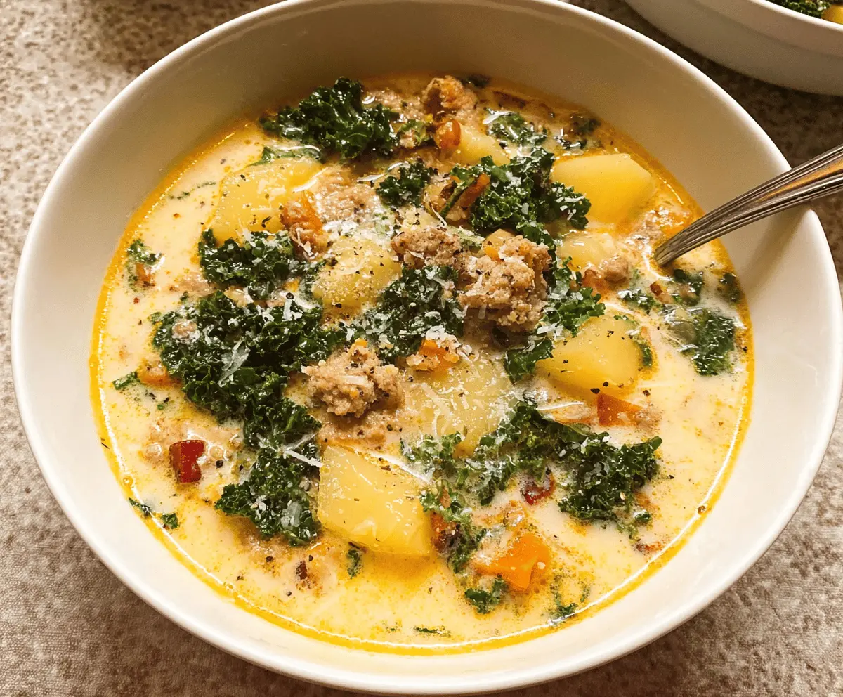 Hearty sausage, potato, and kale soup in a bowl, garnished with fresh herbs for a comforting meal