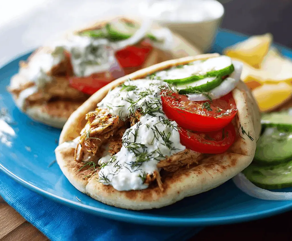 Tender slow cooker chicken gyros served with pita bread, fresh vegetables, and creamy tzatziki sauce on a plate.